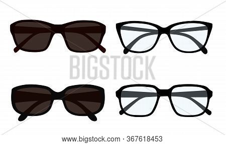 Flat Design Illustration Of Set Of Eyeglasses And Sun Glasses Isolated On White Background - Vector