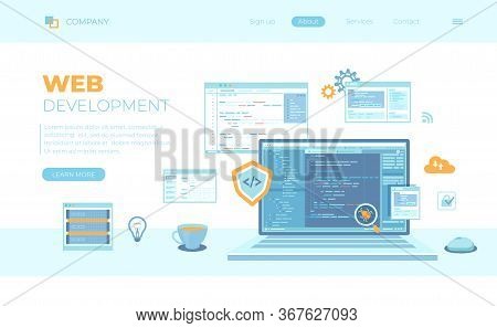 Web Development Programming Coding. Laptop With Program Code On The Screen, Virtual Screens. Bug Fix