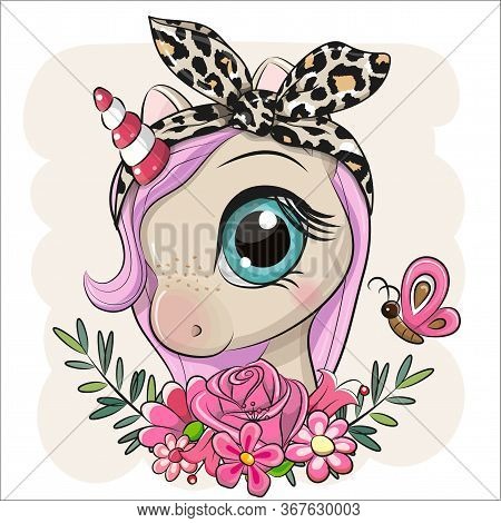 Cute Cartoon Unicorn With Flowers On A Beige Background