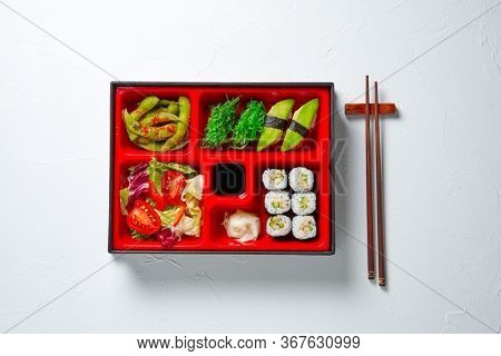 Japanese style lunch bento box with various vegeterian healthy food