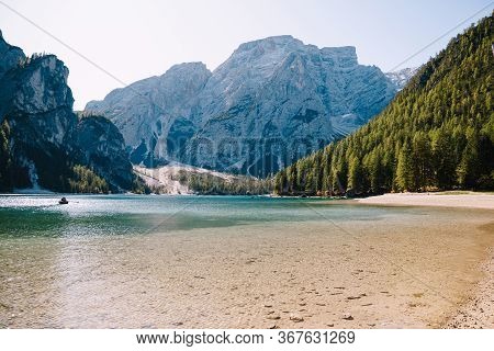 Rocky Mountains With Green Forests At Lago Di Braies. Braies Lake In The Dolomites In South Tyrol, I