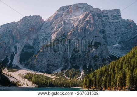 Rocky Mountains With Green Forests At Lago Di Braies. Braies Lake In The Dolomites In South Tyrol, I