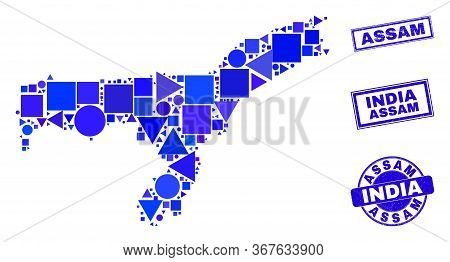 Vector Mosaic Assam State Map. Geographic Collage In Blue Color Tinges, And Textured Round And Recta