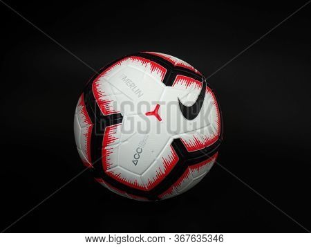 Kyiv, Ukraine - May 2020. Soccer Ball On Black Background, Nike Football