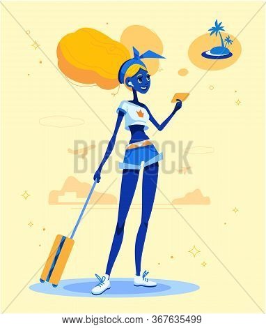 Girl Is Going On Holiday, Dreams About Vacation. Summer Time, Happy Traveler. Young Woman With Aweso