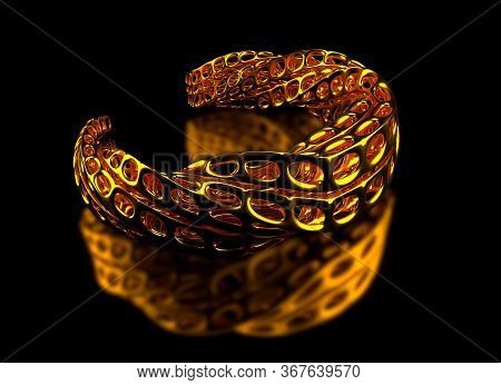 Golden 3d Printed Bracelet On Black Glossy Background, 3d Illustration