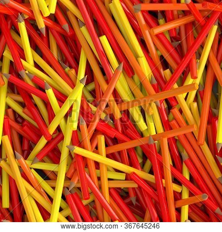 Seamless Texture Of Red, Yellow And Orange Wooden Pencils, 3d Illustration