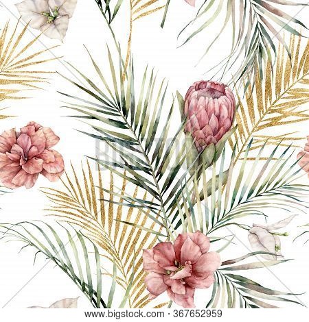 Watercolor Seamless Pattern With Protea, Hibiscus, Bougainvillea And Golden Palm Leaves. Hand Painte