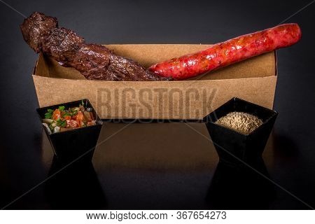 Assorted Skewers On Black Background. Espetinhos De Cane De Linguiça Calabresa