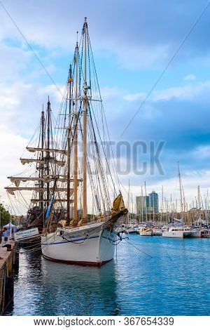 Barcelona, Spain - November 07 2018: The Schooner Santa Eulalia Ship Docked In Moll De La Fusta Quay