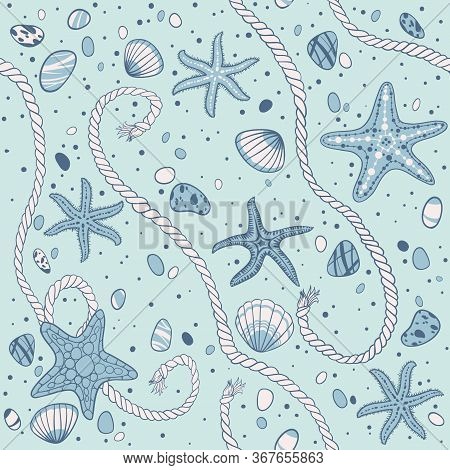 Hand Drawn Seastars, Rope, Seastones And Seashells, Vector Marine Seamless Pattern.
