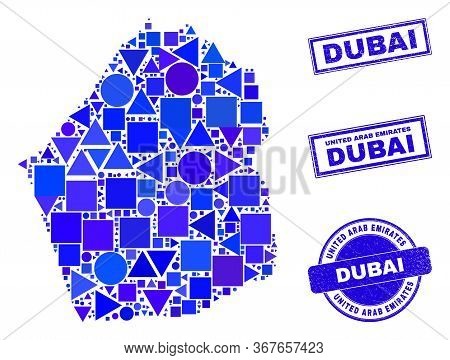 Vector Mosaic Dubai Emirate Map. Geographic Collage In Blue Color Tints, And Corroded Round And Rect