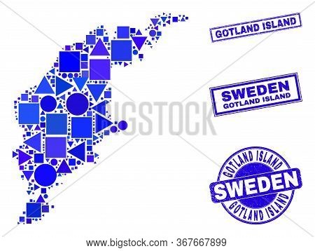 Vector Mosaic Gotland Island Map. Geographic Collage In Blue Color Tinges, And Rubber Round And Rect