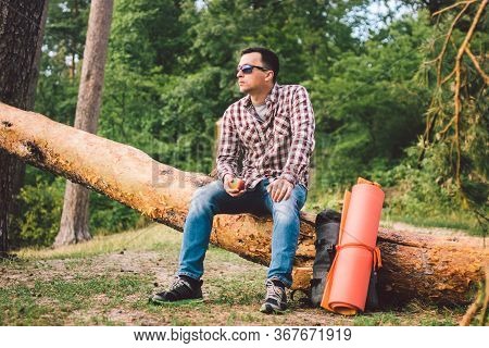 The Theme Is Healthy Eating And Vegetarianism. Outdoor Activities In The Forest And Fruit Snack. You