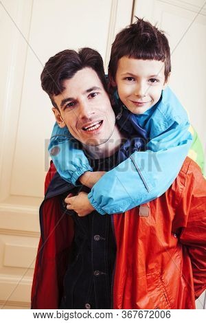 Faher And Son Together Having Fun At Home, Lifestyle Happy Family, People At Home