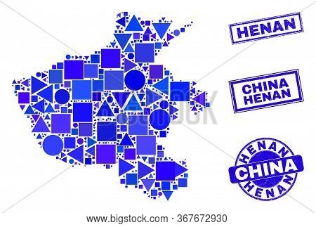 Vector Mosaic Henan Province Map. Geographic Scheme In Blue Color Tints, And Dirty Round And Rectang