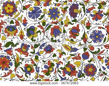 Ancient Ornament With Flowers And Leaves. Seamless Floral Pattern. Vector Illustration.