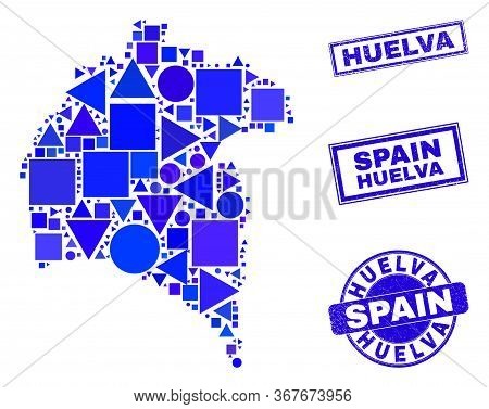 Vector Mosaic Huelva Province Map. Geographic Collage In Blue Color Tints, And Dirty Round And Recta