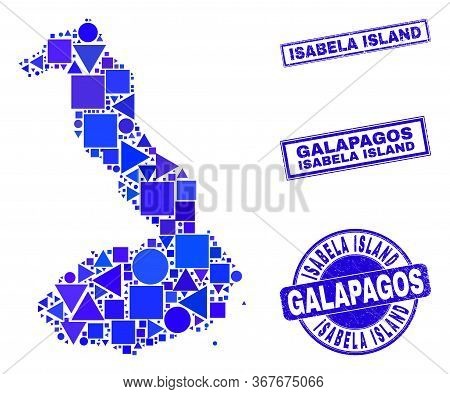 Vector Mosaic Isabela Island Of Galapagos Map. Geographic Plan In Blue Color Shades, And Grunge Roun