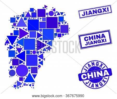 Vector Mosaic Jiangxi Province Map. Geographic Collage In Blue Color Hues, And Corroded Round And Re