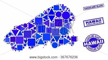 Vector Mosaic Kahoolawe Island Map. Geographic Collage In Blue Color Tones, And Scratched Round And 