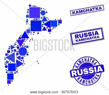 Vector Mosaic Kamchatka Map. Geographic Collage In Blue Color Hues, And Unclean Round And Rectangle 