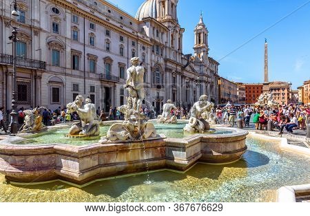 Rome - May 9, 2014: Beautiful Fontana Del Moro Or Moor Fountain On Piazza Navona, Rome, Italy. Navon