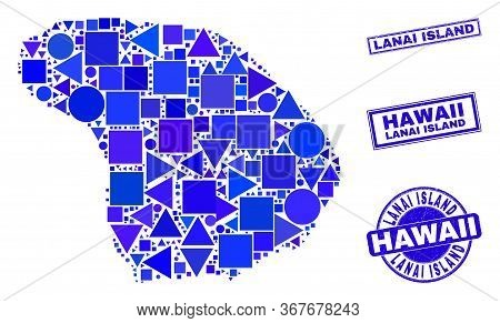 Vector Mosaic Lanai Island Map. Geographic Scheme In Blue Color Shades, And Textured Round And Recta