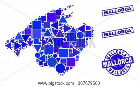 Vector Mosaic Mallorca Map. Geographic Plan In Blue Color Tones, And Scratched Round And Rectangle S
