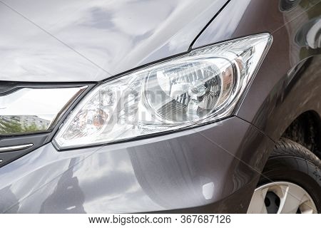 Novosibirsk/ Russia - May 03 2020: Honda Freed,glowing Headlight Of A Modern Car Close-up
