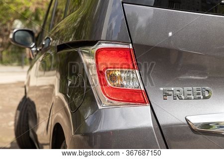 Novosibirsk/ Russia - May 03 2020: Honda Freed, Glowing Taillight Of A Modern Car Close-up