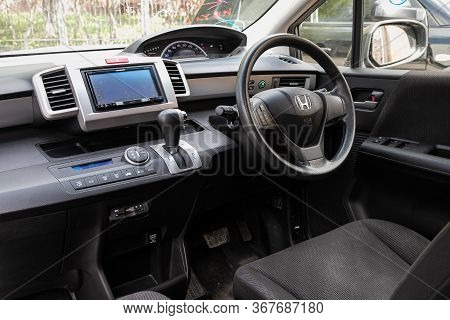 Novosibirsk/ Russia - May 03 2020: Honda Freed, Dark Car Interior - Steering Wheel, Shift Lever And 