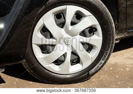 Novosibirsk/ Russia - May 03 2020:  Toyota Sienta, Car Wheel With Alloy Wheel And New Rubber On A Ca