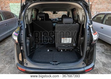 Novosibirsk/ Russia - May 03 2020:  Toyota Sienta, Close-up Of The Open Trunk, Headlight, Bumper,  F