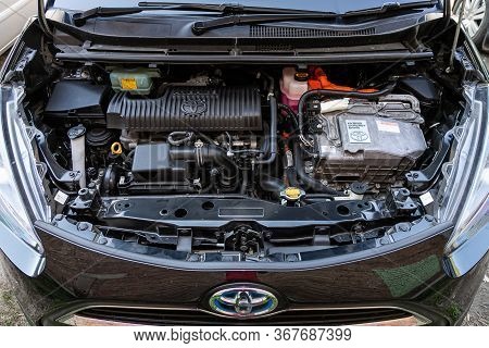 Novosibirsk/ Russia - May 03 2020:  Toyota Sienta, Close Up Detail Of  Car Engine, Front View. Inter