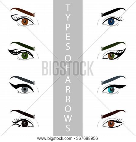 Hand Drawn Set Of Different Types Of Eyeliner Arrows In Makeup.