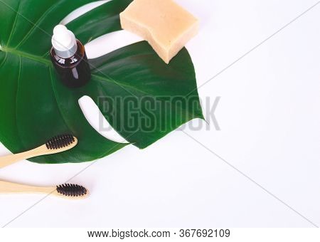 The Concept Of Zero Waste. Bamboo Toothbrush, Solid Shampoo