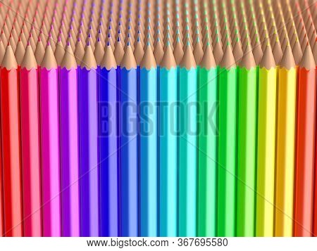 Close Up On Rainbow Colored Pencils Sets, 3d Illustration