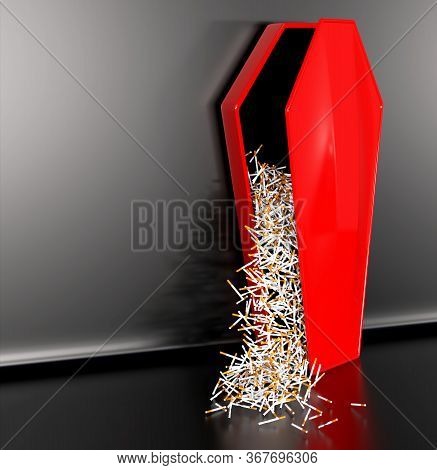 Conceptual Illustration Of An Opened Red Coffin With Falling Cigarettes, 3d Illustration
