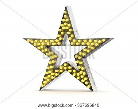 Retro Metallic Star With Light Bulbs On White Background, 3d Illustration