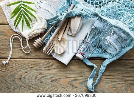Cotton Bags, Net Bag With Reusable  Glass Jars, Bamboo And Wooden Cutlery. Zero Waste Concept. Eco F