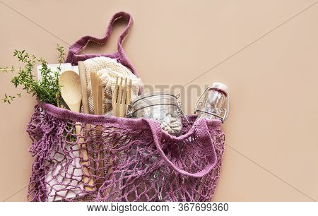 Cotton Bags, Net Bag With Reusable  Glass Jars, Bamboo And Wooden Cutlery. Zero Waste Concept. Eco F