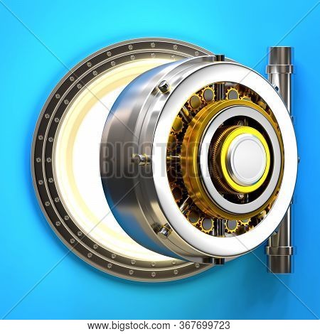 Big Open Bank Vault On Blue Background, 3d Illustration