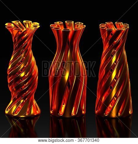 Three Different Types Of 3d Printed Vases In Gold Material, 3d Illustration