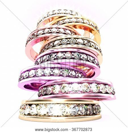 Low Angle View On A Stack Of Multi Colored Diamond Rings, 3d Illustration