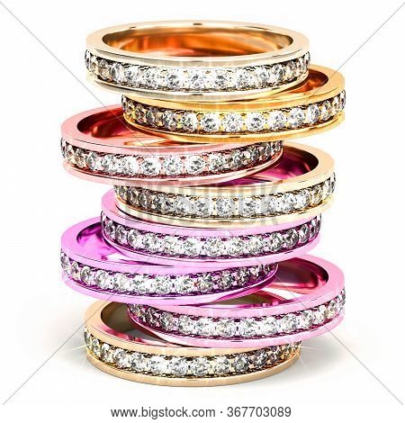Front View On A Stack Of Multi Colored Diamond Rings, 3d Illustration