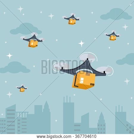 Drone Delivery Service. Quadcopter Flies Over Tall Buildings And Carries Parcels For Delivery To Cus
