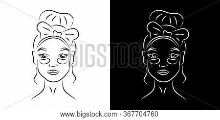 Woman With Under Eye Patches Contour Portrait Vector Illustration. Girl Face With Skincare Product R