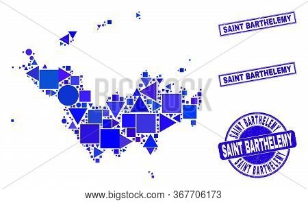 Vector Mosaic Saint Barthelemy Map. Geographic Collage In Blue Color Tones, And Dirty Round And Rect
