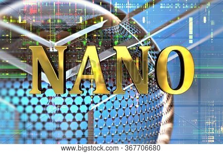Nano Word In Gold With Carbon Structure And Electronic Background. 3d Illustration